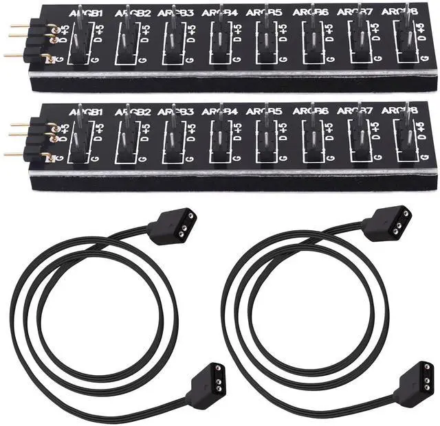 Main image of 5V 3PIN ARGB Splitter Hub 1 to 8 Way RGB Fans Hub Controller with Extension Cord for Expansion Motherboard ARGB Interface Sync Fans Lights-2Pcs-35CM
