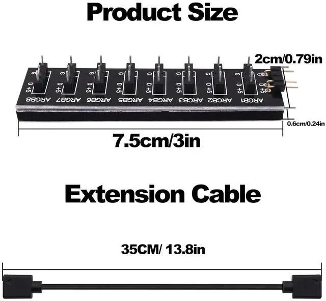 Alt view image 3 of 7 - 5V 3PIN ARGB Splitter Hub 1 to 8 Way RGB Fans Hub Controller with Extension Cord for Expansion Motherboard ARGB Interface Sync Fans Lights-2Pcs-35CM