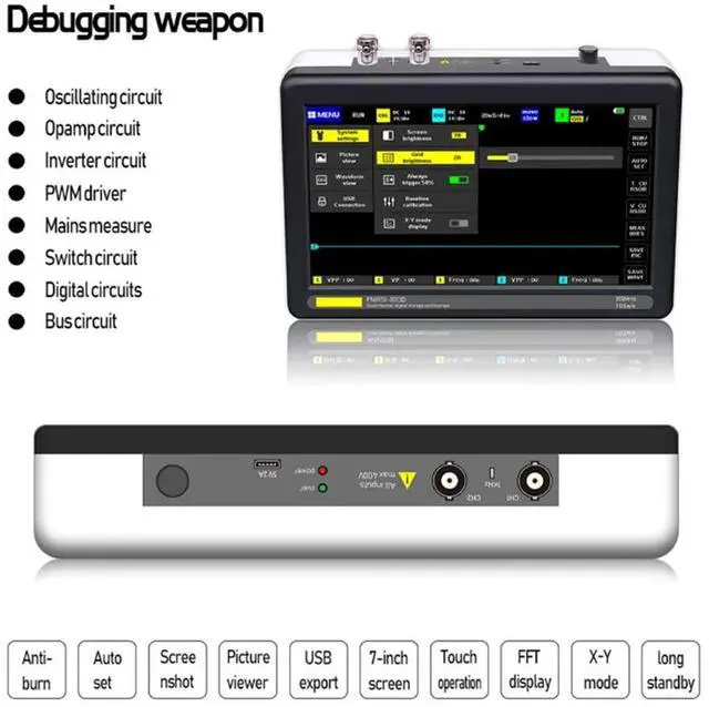 Alt view image 4 of 6 - Rechargeable Handheld 7" Touch Screen DSO Digital Tablet Oscilloscope with 2 Channel 100Mhz Bandwidth and 1GSa/s Sampling Rate