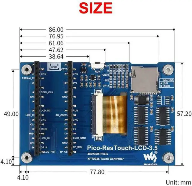 Alt view image 6 of 6 - 3.5 inch LCD Touch Screen Display Resistive Touch 65K Color LCD Module SPI Communication for Raspberry PI Pico