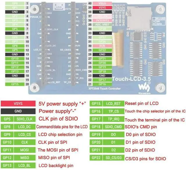 Alt view image 4 of 6 - 3.5 inch LCD Touch Screen Display Resistive Touch 65K Color LCD Module SPI Communication for Raspberry PI Pico