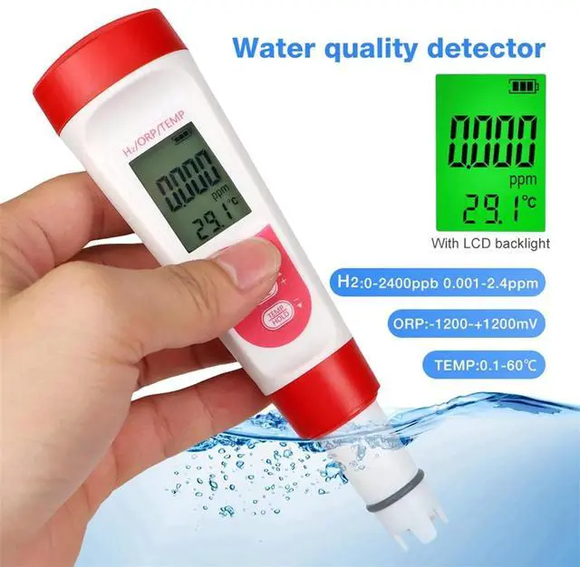 Alt view image 7 of 7 - Hydrogen Water Quality Tester H2 Monitor, TEMP & ORP Meter 0-2400PPb for Drinking Water, Aquariums, Spa,1 x Water Quality Tester,White & Red