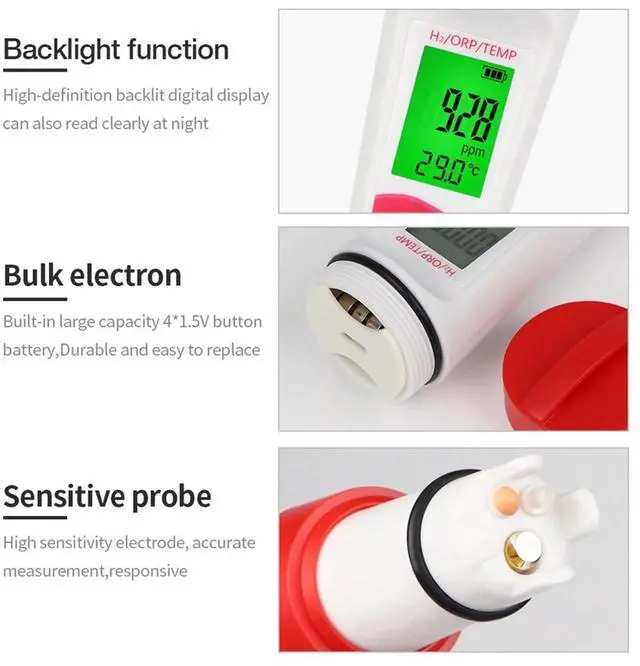 Alt view image 2 of 7 - Hydrogen Water Quality Tester H2 Monitor, TEMP & ORP Meter 0-2400PPb for Drinking Water, Aquariums, Spa,1 x Water Quality Tester,White & Red