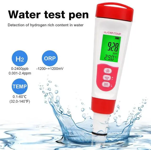 Alt view image 5 of 7 - Hydrogen Water Quality Tester H2 Monitor, TEMP & ORP Meter 0-2400PPb for Drinking Water, Aquariums, Spa,1 x Water Quality Tester,White & Red