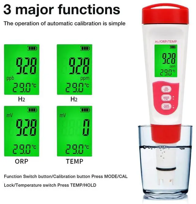 Alt view image 4 of 7 - Hydrogen Water Quality Tester H2 Monitor, TEMP & ORP Meter 0-2400PPb for Drinking Water, Aquariums, Spa,1 x Water Quality Tester,White & Red