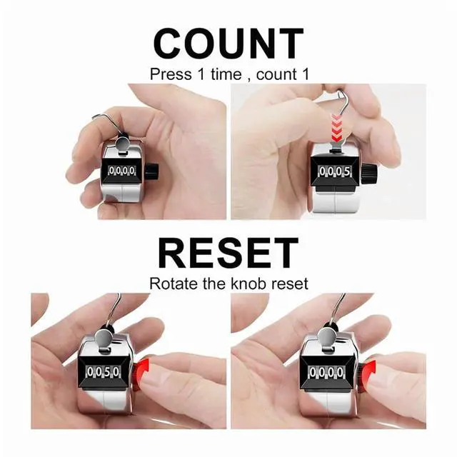 Alt view image 4 of 7 - 2 Pack Clicker Counter, Hand Tally Counter Clicker, 4 Digit Mechanical Palm Click Counter for Coaching, Sports Events,2 * Clicker Counter 2 * lanyards,Silver
