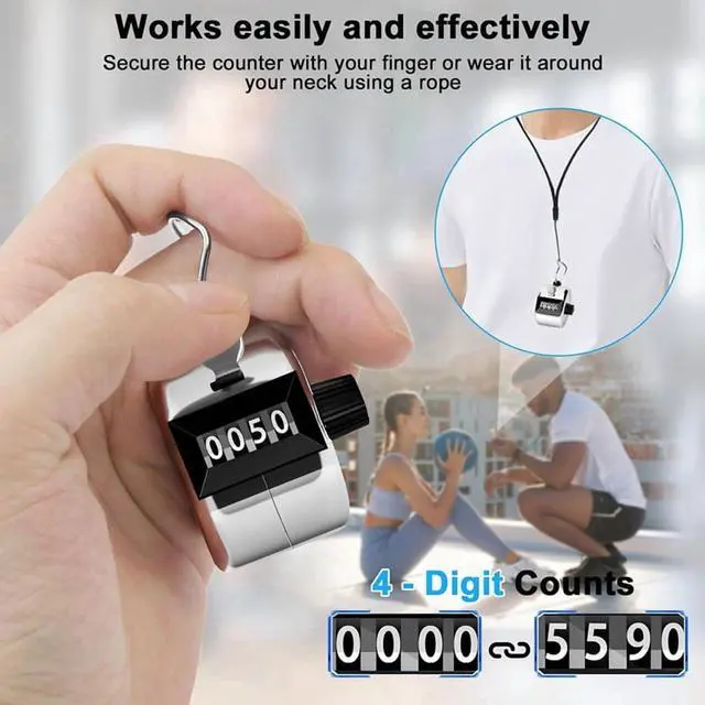 Alt view image 6 of 7 - 2 Pack Clicker Counter, Hand Tally Counter Clicker, 4 Digit Mechanical Palm Click Counter for Coaching, Sports Events,2 * Clicker Counter 2 * lanyards,Silver