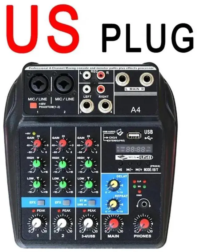 Alt view image 7 of 7 - Professional 4 Channel Digital Mixer Sound Card Microphone Mobile Phone Live Broadcast Recording DJ Audio Equipment(US),1 * 4-channel mixer USB sound card with reverb,Black