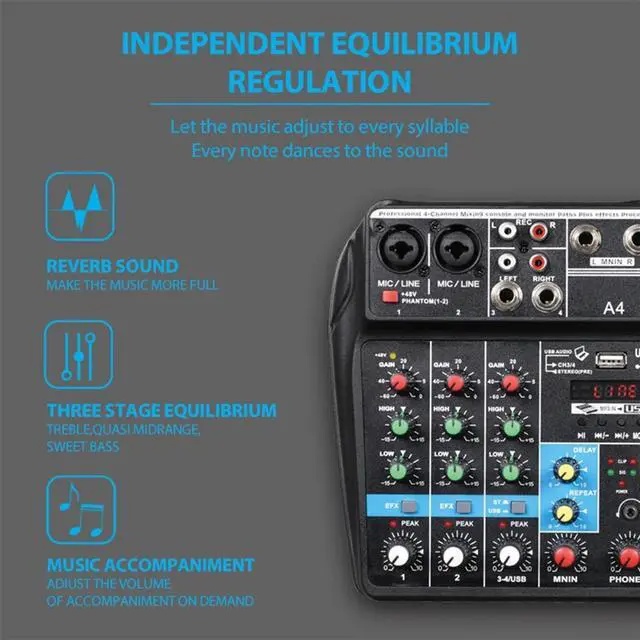 Alt view image 5 of 7 - Professional 4 Channel Digital Mixer Sound Card Microphone Mobile Phone Live Broadcast Recording DJ Audio Equipment(US),1 * 4-channel mixer USB sound card with reverb,Black