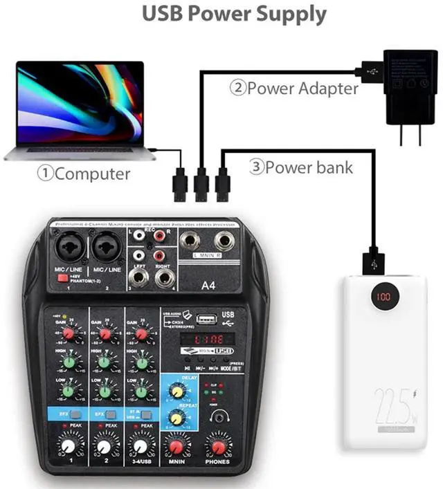 Alt view image 6 of 7 - Professional 4 Channel Digital Mixer Sound Card Microphone Mobile Phone Live Broadcast Recording DJ Audio Equipment(US),1 * 4-channel mixer USB sound card with reverb,Black