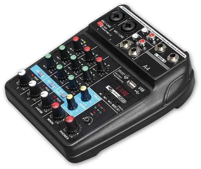 Main image of Professional 4 Channel Digital Mixer Sound Card Microphone Mobile Phone Live Broadcast Recording DJ Audio Equipment(US),1 * 4-channel mixer USB sound card with reverb,Black