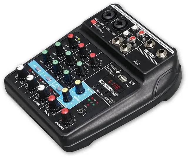 Alt view image 2 of 7 - Professional 4 Channel Digital Mixer Sound Card Microphone Mobile Phone Live Broadcast Recording DJ Audio Equipment(US),1 * 4-channel mixer USB sound card with reverb,Black