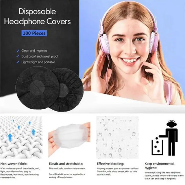 Alt view image 3 of 7 - 100Pcs/Set Gaming Cafe Disposable Headset Cover Non-Woven Headband Dustproof Sweatproof Headset Cover, Black,100 x Disposable Earphone Covers,Black