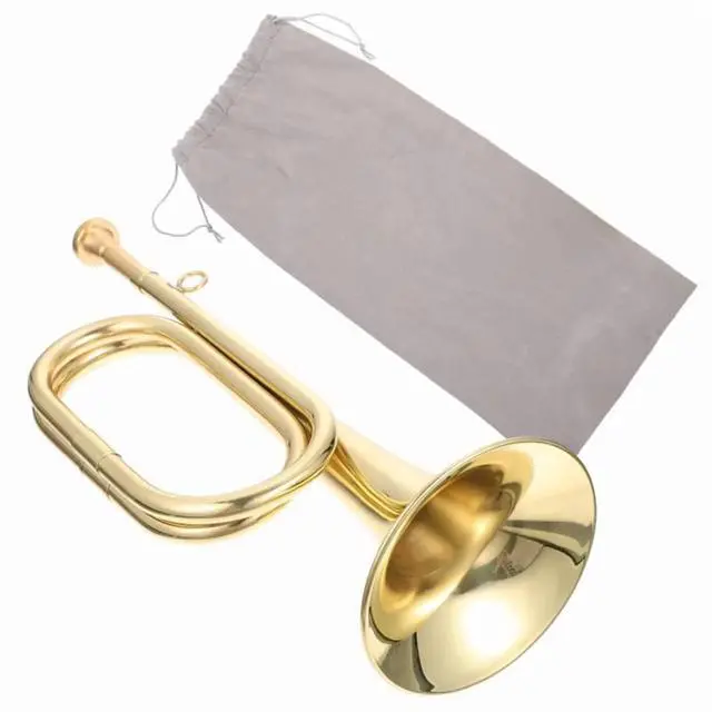 Alt view image 6 of 7 - Small Trumpet Bugle Brass Golden Horn Simple Beginner Wind Instrument for School Band Child Student,1 x Trumpet Bugle 1 x Mouthpiece 1 x Storage Cloth Bag,Gold