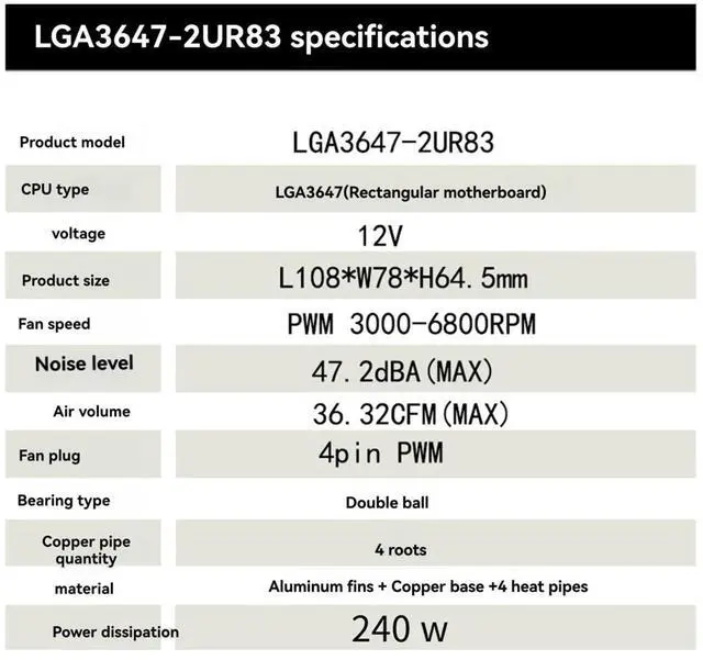Alt view image 3 of 7 - LGA3647-2U-R83 Cooler 240W for Lga 3647 Narrow Type Radiator 2u Heat Sink 4 Heat Pipe Side Blow Cooling Fan,1 * cpu Cooler