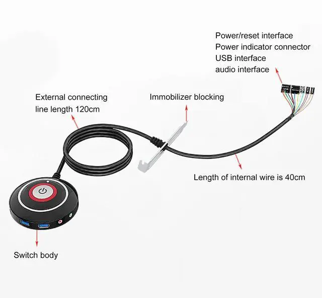 Alt view image 6 of 7 - Lifetechs Desktop Switch Multi-function Interface Dual USB Audio Anti-theft Big Button Sensitive PC Reset with Extension Cord Desktop PC Power Button Switch for Home Office Internet Bar
