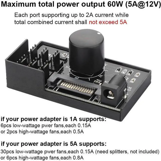 Alt view image 4 of 6 - 4 Pin 12V PWM Fan Controller 6 Fans Supported , PC Fan Adapter Hub Powered by SATA and DC 5525, Cooling Fan Speed Knob with Max Total 60W 5A Output