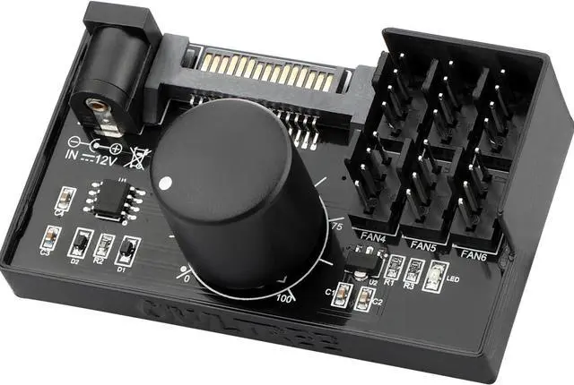 Main image of 4 Pin 12V PWM Fan Controller 6 Fans Supported , PC Fan Adapter Hub Powered by SATA and DC 5525, Cooling Fan Speed Knob with Max Total 60W 5A Output