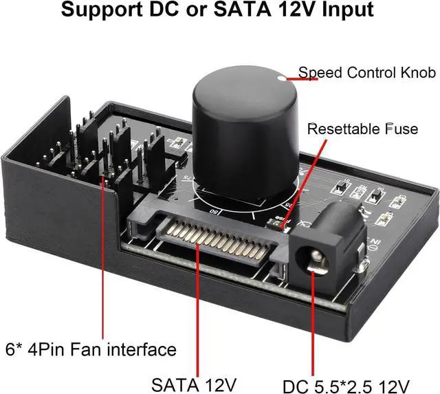 Alt view image 2 of 6 - 4 Pin 12V PWM Fan Controller 6 Fans Supported , PC Fan Adapter Hub Powered by SATA and DC 5525, Cooling Fan Speed Knob with Max Total 60W 5A Output