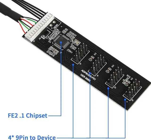 Alt view image 2 of 5 - 9 Pin USB 2.0 to 4X 9 Pin Extension Splitter, USB 2.0 Header Splitter, Internal USB Hub USB 2.0 Splitter