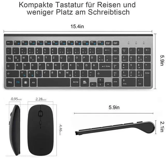Alt view image 5 of 7 - German Wireless QWERTZ Keyboard and Mouse Combo Ultra Slim 2