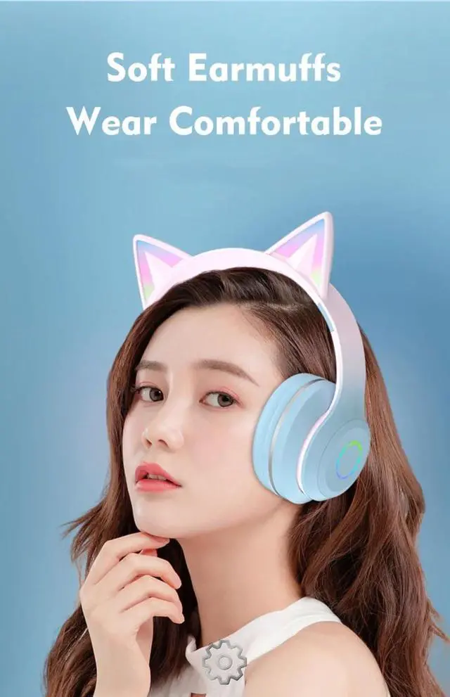 Alt view image 3 of 7 - Gradient LED Glow Headphones with Cat Ear Design, Wireless B