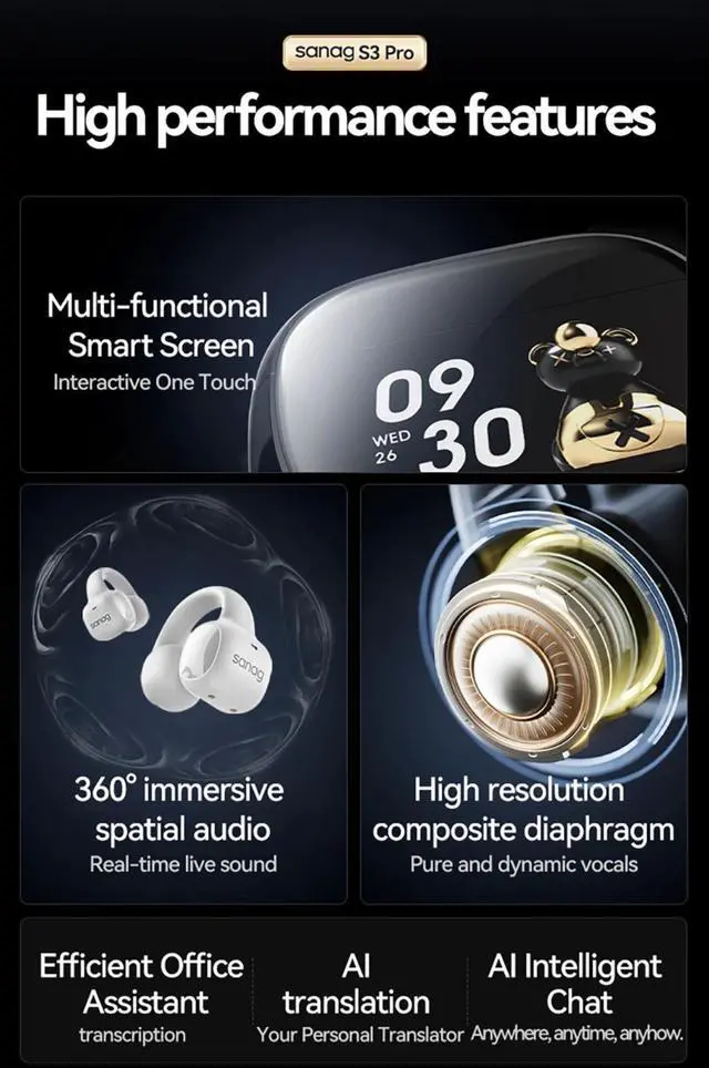 Alt view image 2 of 7 - Sanag S3 Pro AI Smart Screen Bluetooth Earphone 360 ° Stere