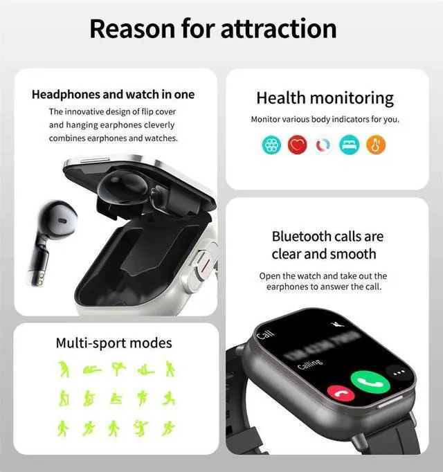 Alt view image 3 of 7 - 2024 Smart Watch 2 in 1 With Earphone Smartwatch Bluetooth C