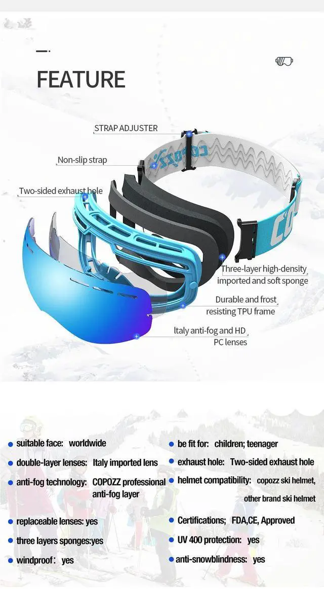 Alt view image 7 of 7 - COPOZZ 4-15 years old Kids Ski Goggles Anti-fog Children Sno