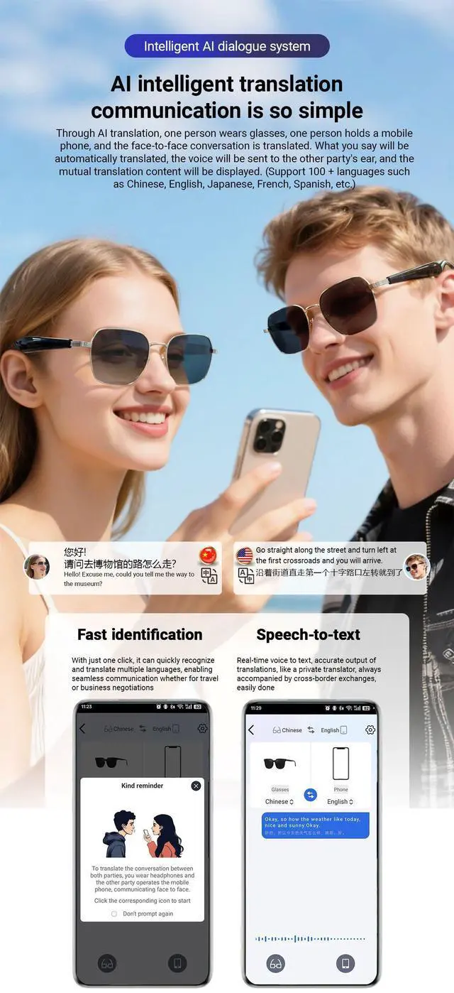 Alt view image 4 of 7 - Fashion AI Smart Translate Glasses Dialogue Translation Play