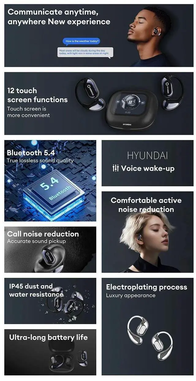 Alt view image 2 of 7 - Choice HYUNDAI HY-Q18 PRO Open Ear AI Bluetooth 5.4 Earphone