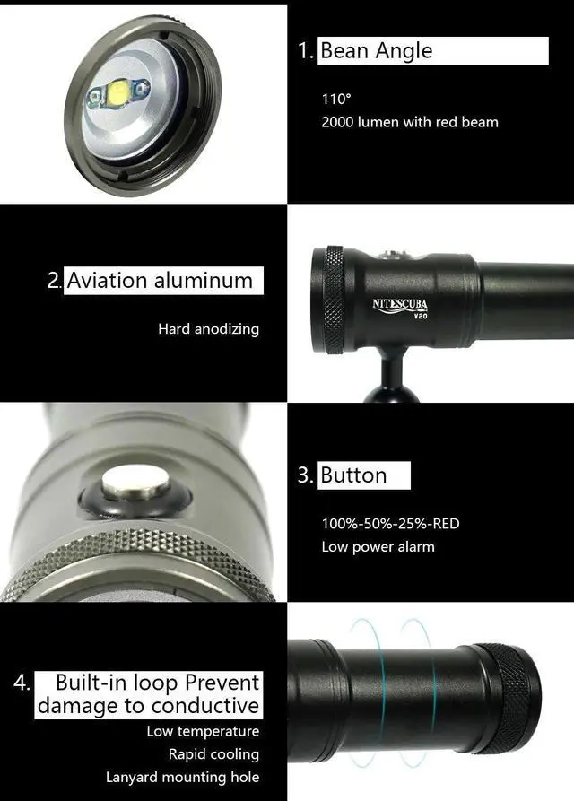 Alt view image 5 of 7 - Nitescuba V20 Diving Led Video Light Glare 2000 Lumen Astigm