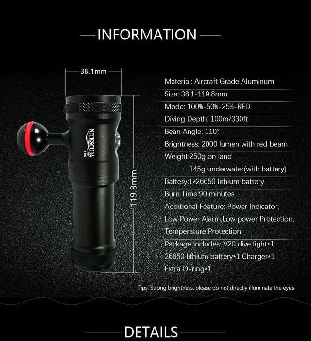 Alt view image 4 of 7 - Nitescuba V20 Diving Led Video Light Glare 2000 Lumen Astigm