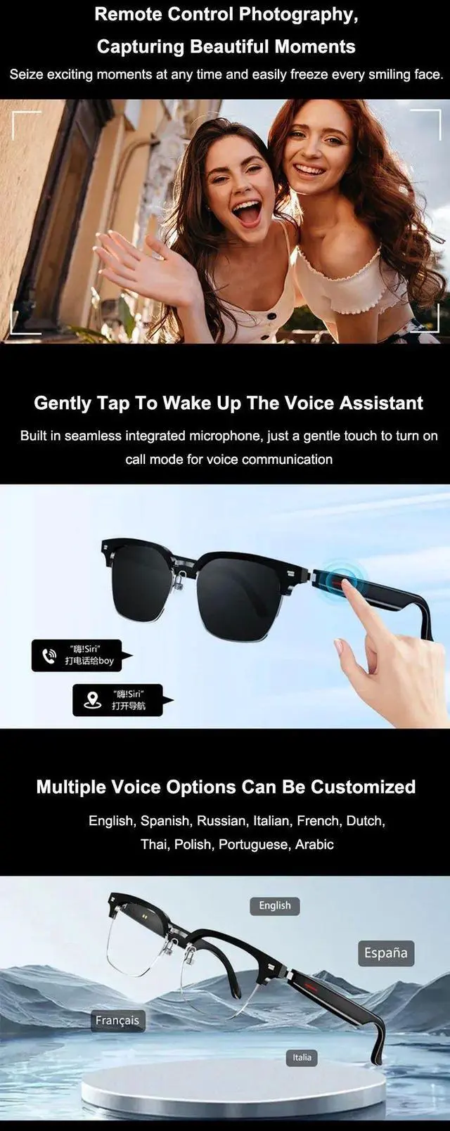 Alt view image 7 of 7 - Translator Glasses AI 144 Languages Bluetooth Translation Su