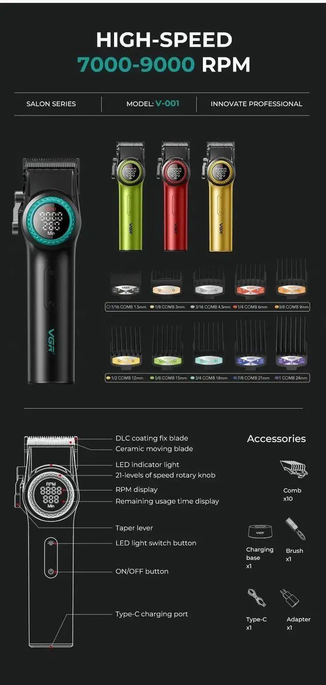 Alt view image 3 of 7 - VGR Hair Trimmer Professional Shaver Razors Cordless Barber