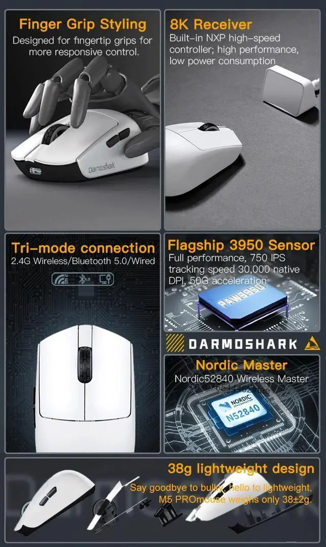 Alt view image 2 of 7 - Darmoshark M5 Pro Mouse PAW3950 Wireless 8K Bluetooth Tri-M