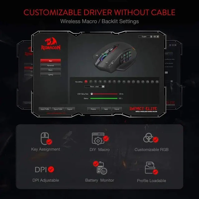 Alt view image 7 of 7 - Redragon M913 Gaming 16000 DPI Wired 2.4Ghz Wireless RGB Opt