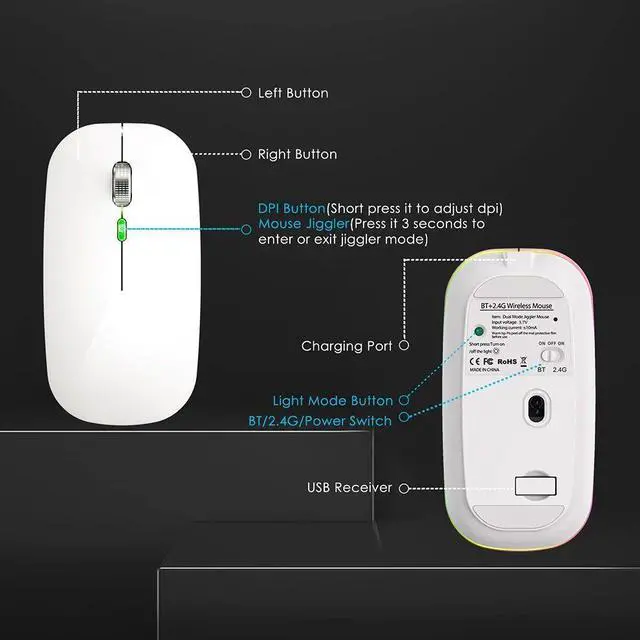 Alt view image 4 of 7 - 2.4G+Bluetooth Wireless Mouse Backlight Jiggler Mouse Rechar