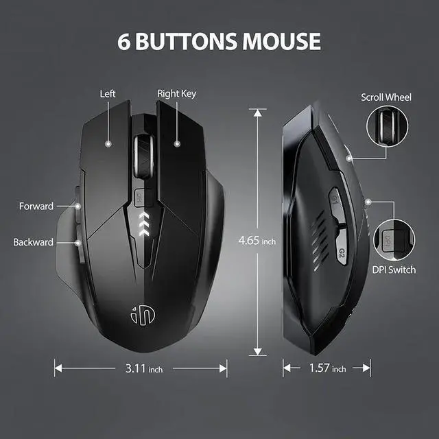 Alt view image 7 of 7 - INPHIC F1 2.4G Wireless Mouse 500mAh Ergonomic Rechargeable