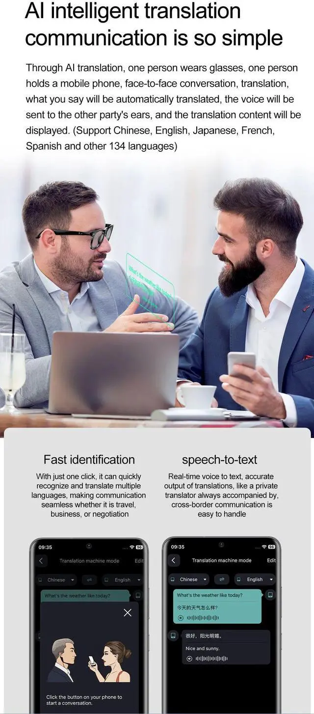 Alt view image 3 of 7 - AI Intelligent Translation Bluetooth Glasses 135 Online Lang