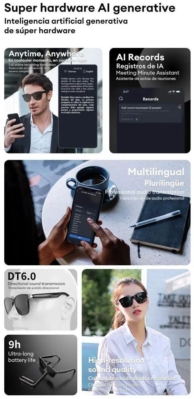 Alt view image 2 of 7 - Choice HYUNDAI HY-C8 AI Glasses Earphones HD Smart Translati