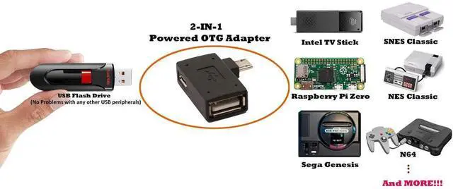 Alt view image 2 of 6 - 2-in-1 Powered Micro USB to USB OTG Adapter 90 Degree Right Angle Connector for FireStick, S/NES Classic Mini, Sega Genesis and More - 2 Pack