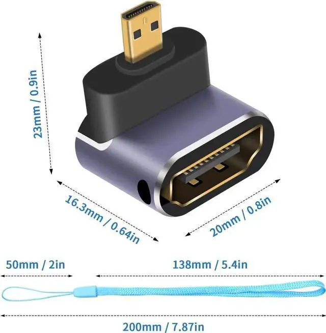 Alt view image 7 of 7 - 8K Micro HDMI to HDMI Adapter, 90 Degree UP Angle Male to Female Extender With LED Light and Perforated Design for Cameras Camcorder (2 Pack)