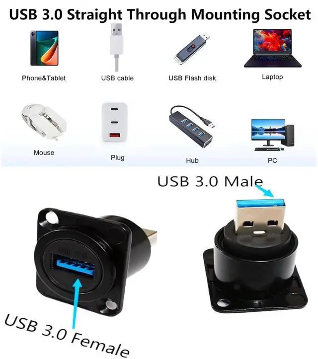 Alt view image 3 of 6 - USB3.0 D Type Panel Mount Adapter Male to Female Connector Straight Through Panel Socket for USB Extension Data Transfer 5Gbps Charging Black