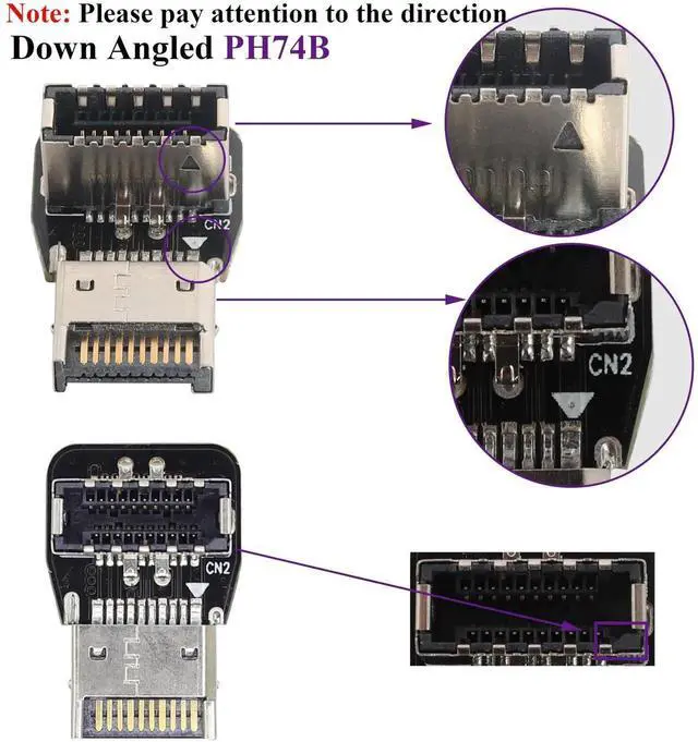 Alt view image 5 of 7 - 1Pack 90 Degree USB 3.2 Front Panel Internal Connector Down-Right Angle Type-E USB 3.1 Female to Male Front Panel Socket Adapter for Type-E Motherboard Extension Data Adapter(Type-E/Down)