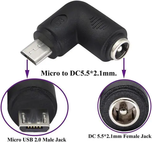 Alt view image 6 of 7 - 90 Degree Micro DC Power Adapter 90 Degree DC5.5x2.1mm to Micro USB 5V DC Power Supply Charging Connector for Cellphone, Tablet,MP3 and Micro USB Device.(2Pack/Micro)