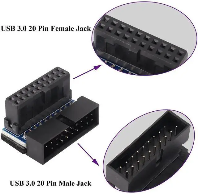 Alt view image 5 of 7 - 2 Pack Down Right Angle USB 3.0 19-pin Connector 90 Degree 19Pin/20Pin 3.0 USB Female to Male Extension Power Adapter Board for Desktop Motherboard Internal Header Adapter(Down/Black-20Pin)