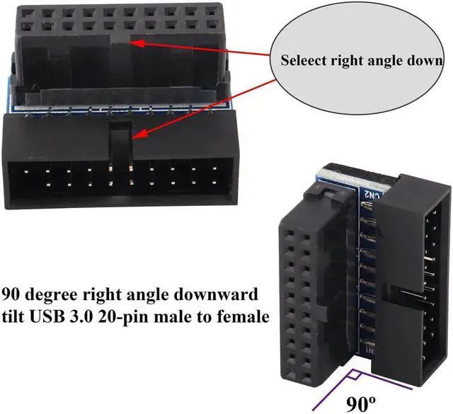 Alt view image 2 of 7 - 2 Pack Down Right Angle USB 3.0 19-pin Connector 90 Degree 19Pin/20Pin 3.0 USB Female to Male Extension Power Adapter Board for Desktop Motherboard Internal Header Adapter(Down/Black-20Pin)