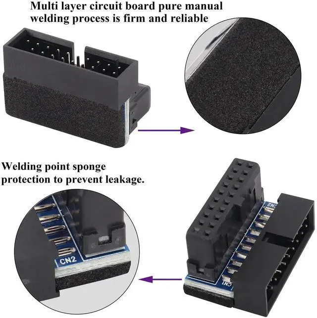 Alt view image 3 of 7 - 2 Pack Down Right Angle USB 3.0 19-pin Connector 90 Degree 19Pin/20Pin 3.0 USB Female to Male Extension Power Adapter Board for Desktop Motherboard Internal Header Adapter(Down/Black-20Pin)