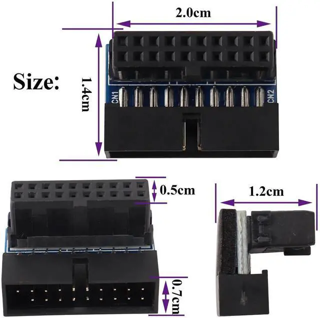 Alt view image 4 of 7 - 2 Pack Down Right Angle USB 3.0 19-pin Connector 90 Degree 19Pin/20Pin 3.0 USB Female to Male Extension Power Adapter Board for Desktop Motherboard Internal Header Adapter(Down/Black-20Pin)